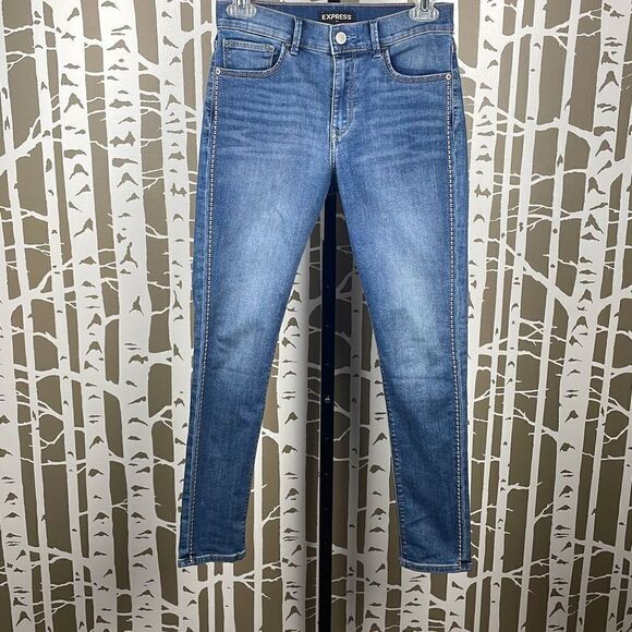 Express High Rise Embroidered Tuxedo Stripe Cropped High Rise Denim Legging / Je - Picture 2 of 11